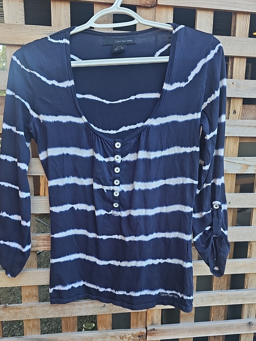 Calvin Klein Jeans Navy & White Tie-Dye Stripe Henley Long Sleeve Top